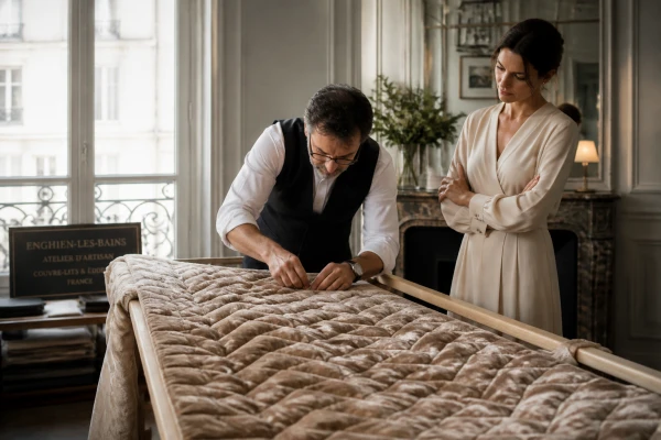 Confection artisanale de couvre-lit matelassé pour chambre de prestige Enghien-les-Bains