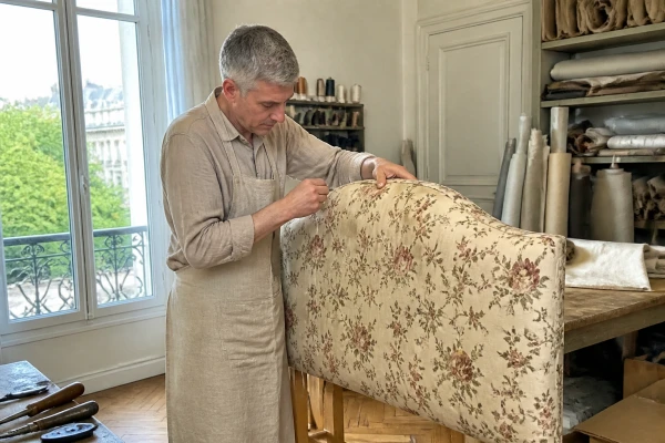 Création d'une tête de lit capitonnée en tissu fleuri Enghien-les-Bains