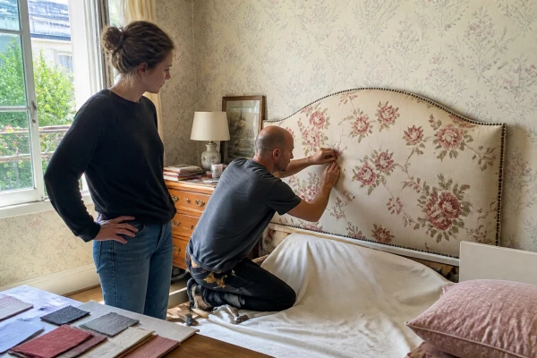 Création de tête de lit en tissu fleuri pour chambre romantique Vincennes