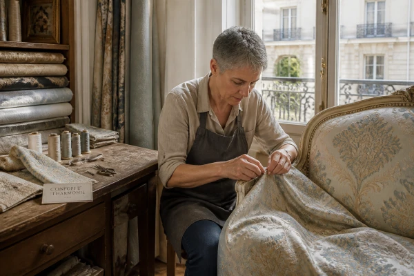 Réfection de fauteuil en soie brodée pour intérieur classique Paris 17