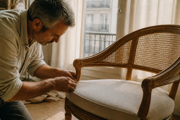 Réfection de fauteuil rotin avec assise rembourrée sur mesure Maisons-Laffitte
