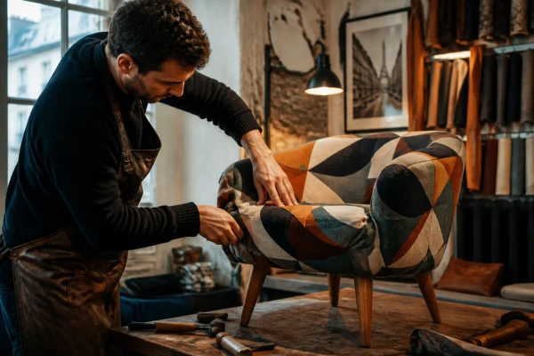 Réfection de fauteuil scandinave avec tissu graphique contemporain Clichy