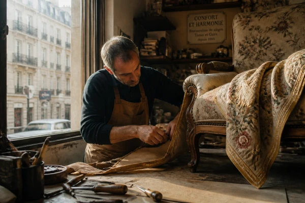 Réfection de fauteuil Voltaire avec tissu brodé Paris