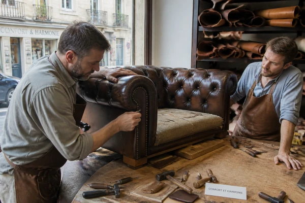 Restauration de canapé Chesterfield en cuir naturel Hauts-de-Seine