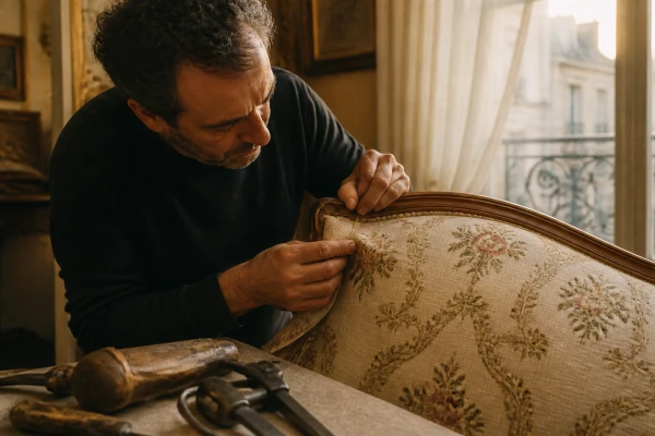 Restauration de canapé Napoléon III avec tissu d'éditeur Levallois-Perret