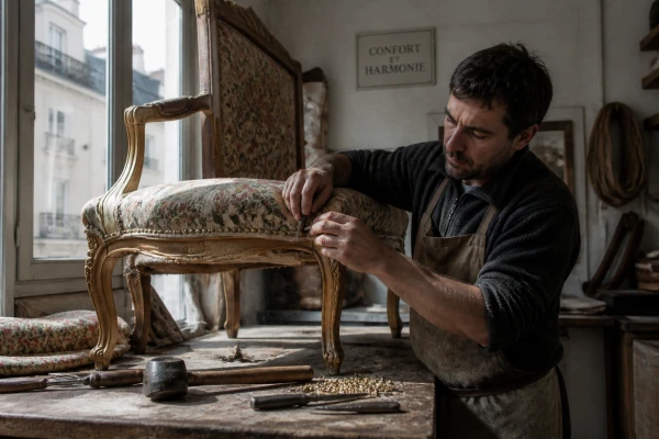 Retapissage de chaise Louis XIV avec finitions artisanales Versailles